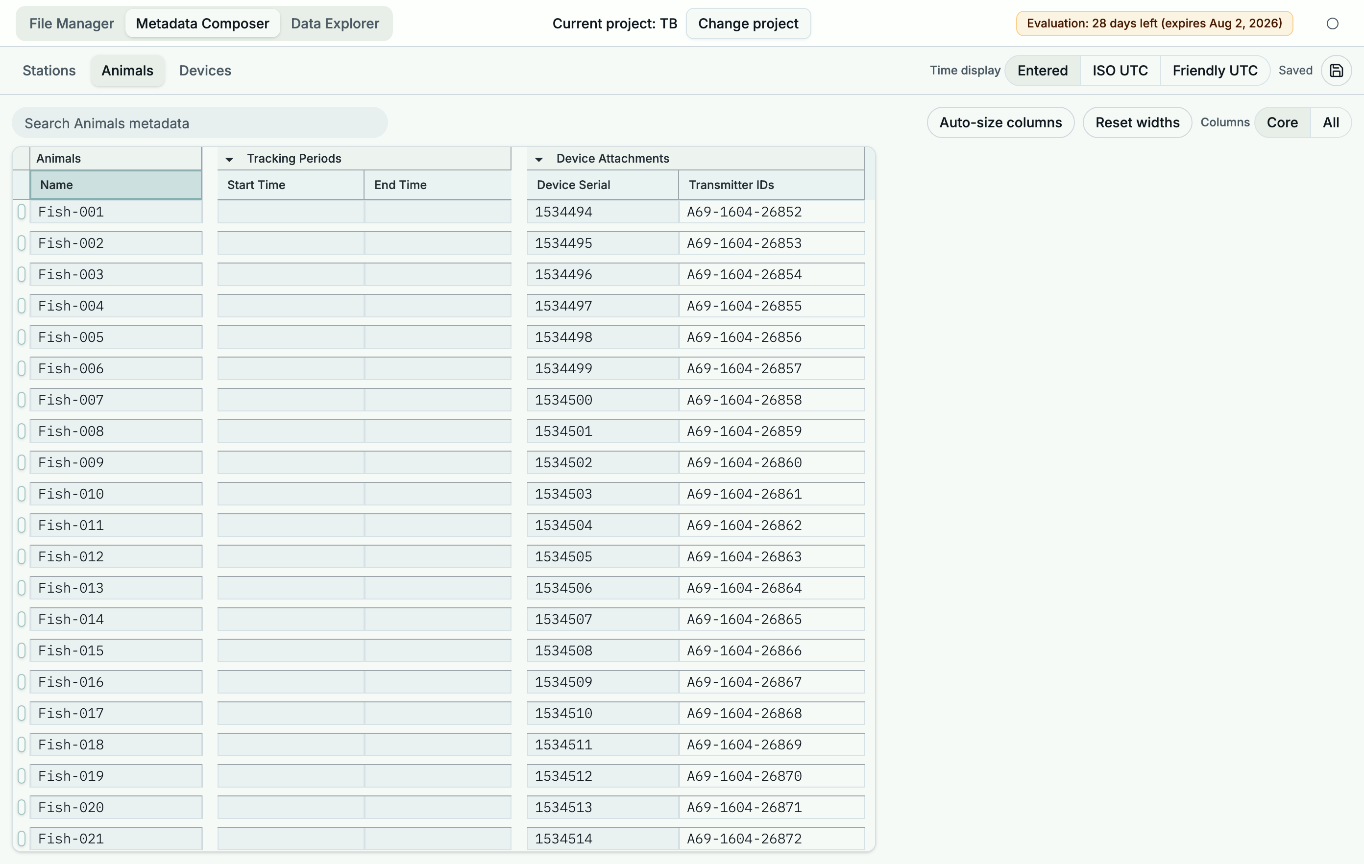 Animal metadata table showing tracked animals, tracking periods, and tag device attachments.