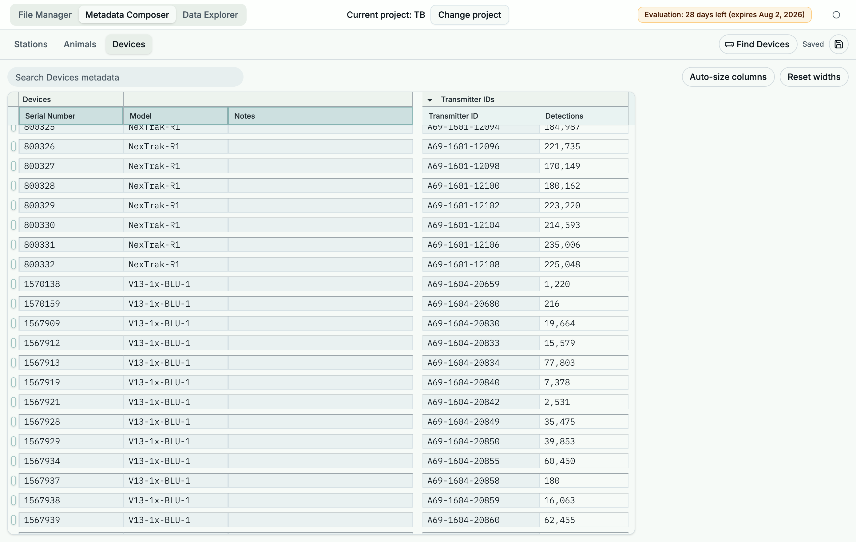 Device metadata table showing receiver serial numbers, tag transmitter IDs, and detection counts.