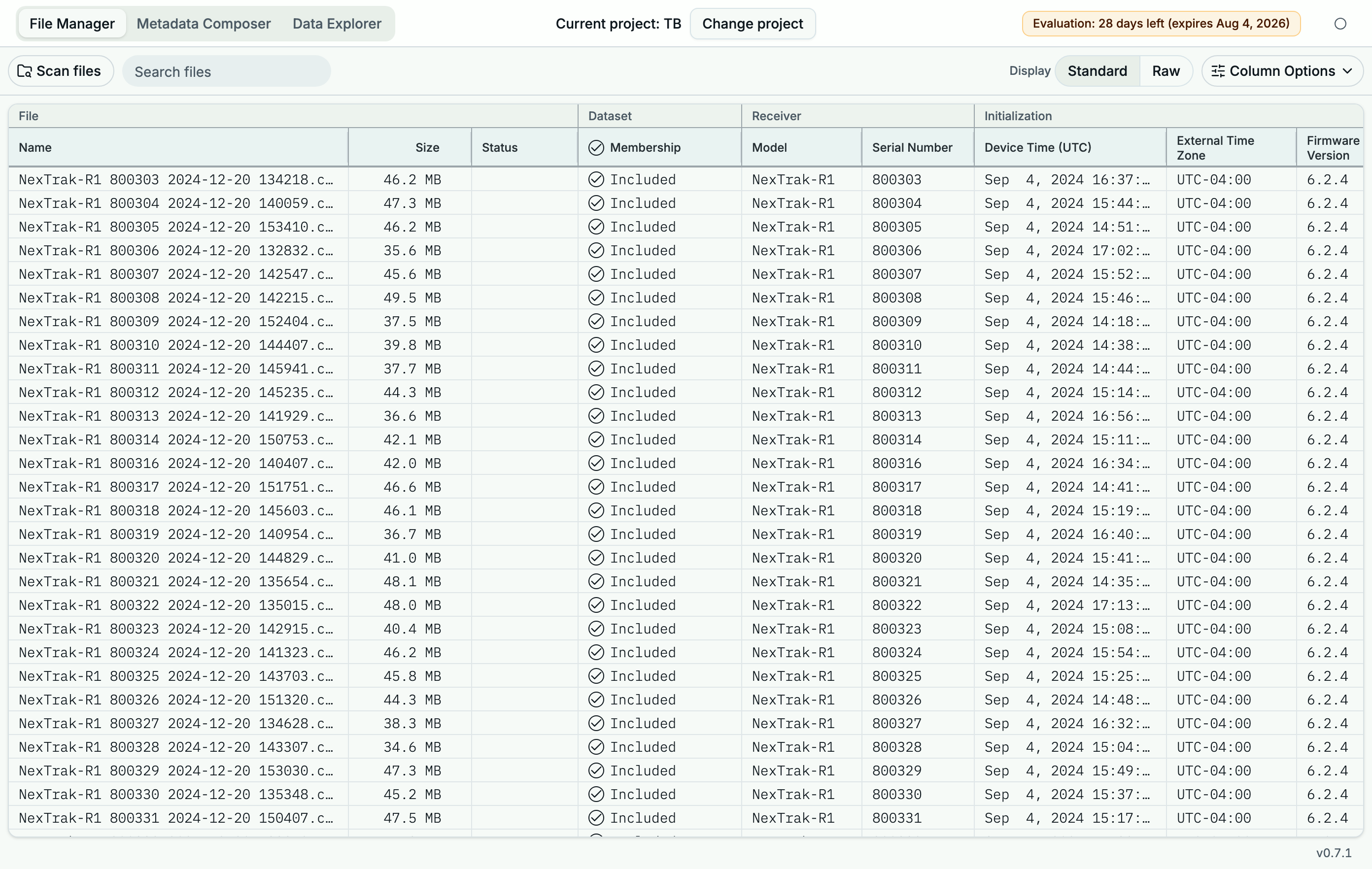 File Manager table showing receiver log CSV files and receiver metadata.