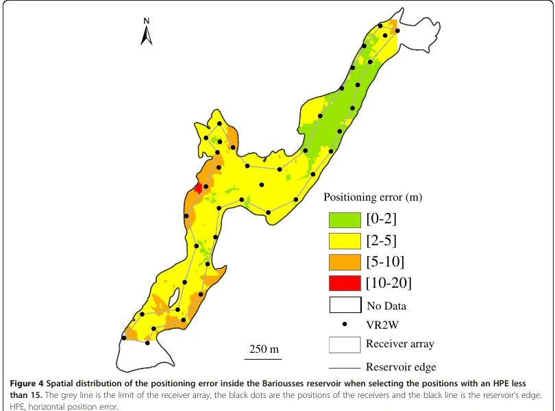 Map of the Bariousses reservoir showing positioning-error bands after filtering to HPE below 15, receiver locations, and the receiver-array boundary.